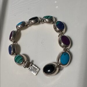 Vintage Mexico 10 Oval Multi Gemstone Link Sterling Silver 950 Bracelet